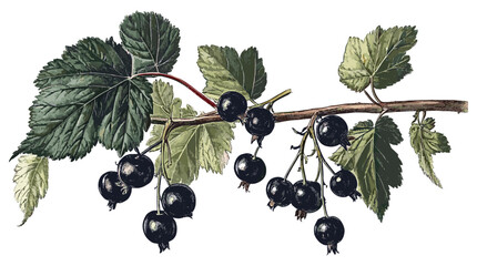 A blackcurrant branch with dark berries, green leaves, and a festive flavor, offering a vintage touch for your festive decor