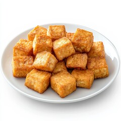 Crispy Golden Brown Tofu Cubes Served on a White Plate for Culinary Dishes and Healthy Delights