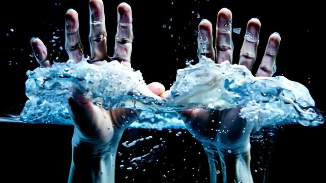 Human hands in transparent water on black background. Water problems, global warming, drought, water shortage in the world, health problems, poverty and misery in countries. Climate change: from frien