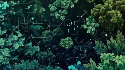 Abstract Forest Background with Technology Overlay and Organic Shapes
