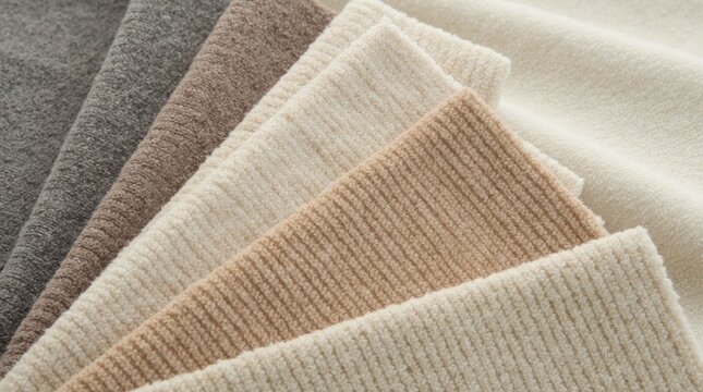 A close-up view of chenille fabric samples in various neutral colors, beautifully arranged to showcase their texture details