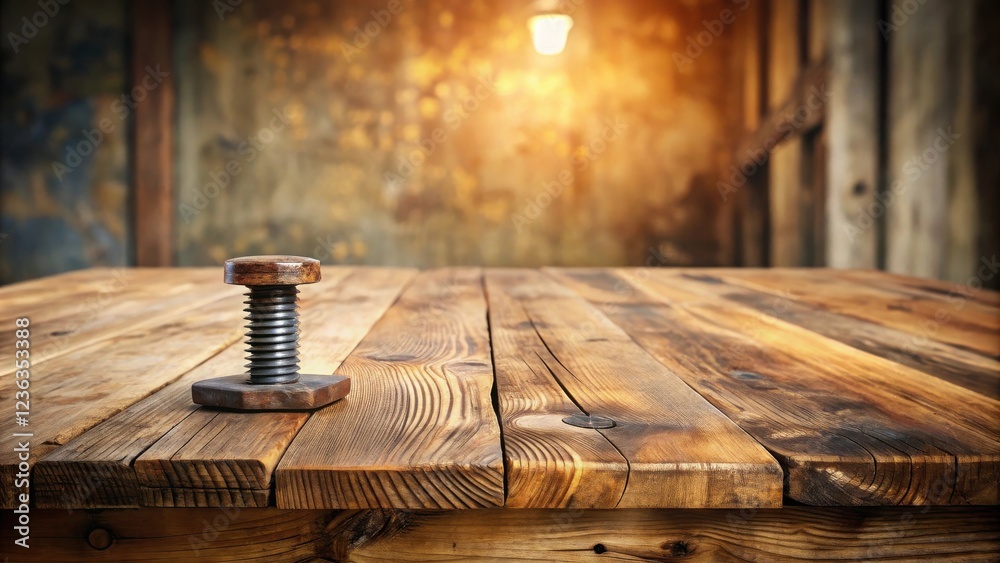Poster rustic wooden table with a single large bolt in the foreground, bathed in warm light