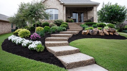 Landscaped stairs leading to house, garden, spring