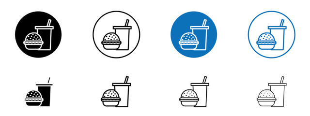 Hamburger and soft drink cup icons collection in black and blue on white background