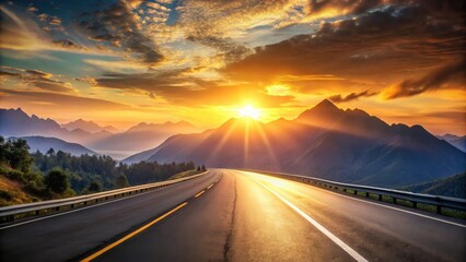 Naklejka premium A Winding Road Through Mountainous Terrain at Sunset, Golden Rays of Light Illuminating the Path Forward