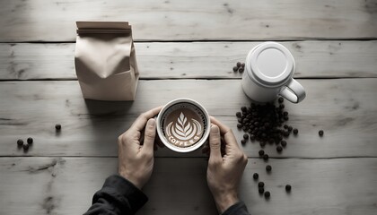 Latte Art Coffee Cup Beans Wooden Table Background
