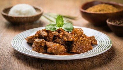 rendang food on plate, dining table background, copy space