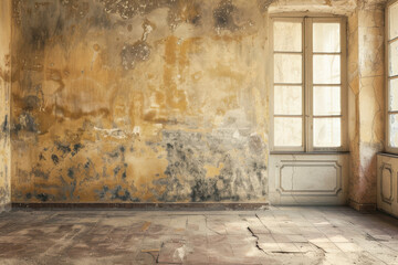 horizontal image of a worn blank wall background, window on the side, copy space