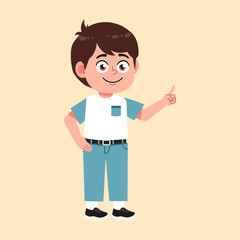 Cute Boy with Brown Hair cartoon pointing hand explained