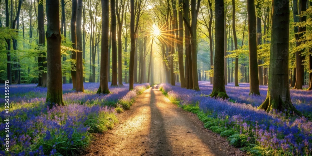 Aufkleber golden sunlight filtering through a canopy of trees illuminates a path leading through a field of de