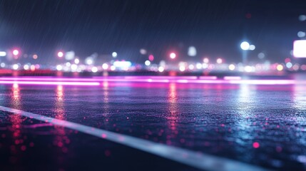 Rainy Night Cityscape Neon Lights Reflecting On Wet Asphalt