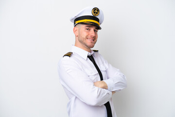 Airplane caucasian pilot isolated on white background with arms crossed and looking forward
