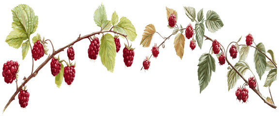 Vintage botanical illustration of a raspberry branch with bright red berries, perfect for creating festive and seasonal designs