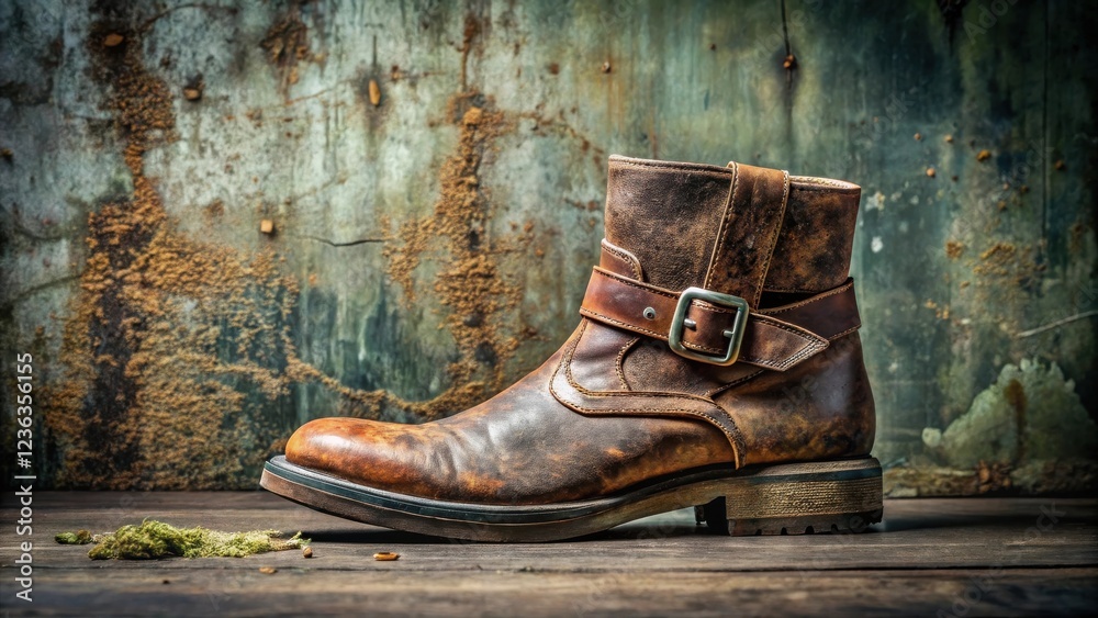 Poster a weathered brown leather boot with a buckle rests on a wooden surface in front of a rusted metal ba