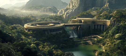 Fototapeta premium A historic dam retrofitted with modern turbines, merging the old with the new 