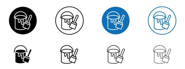 Paint bucket and paint brush icons collection in black and blue on white background