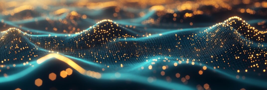 Abstract Big Data Visualization, Turquoise And Gold Wave Network, Technology Background With Nodes