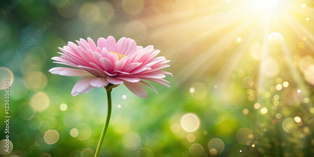 Poster a single pink flower reaches towards the sun, bathed in the warm glow of a summer afternoon, surroun