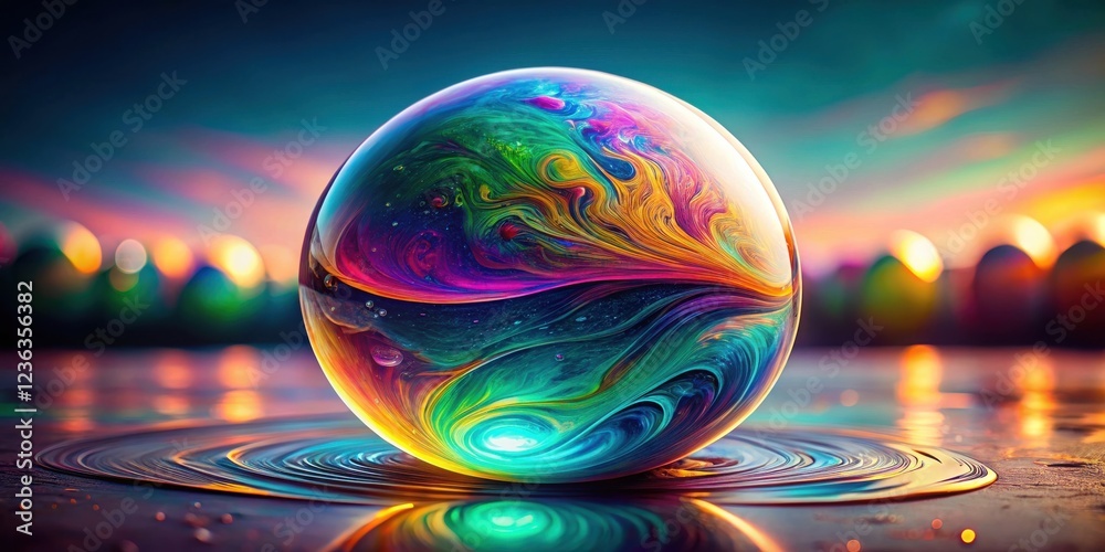 Leinwandbilder a vibrant sphere of swirling colors rests on a shimmering surface, creating a captivating abstract s
