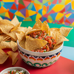 A bag of tortilla chips with a bowl of salsa, set against a colorful party background, festive and fun