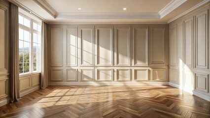 Obraz premium A spacious interior with intricate paneling, sunlight streaming through a large window, and warm hardwood floors.