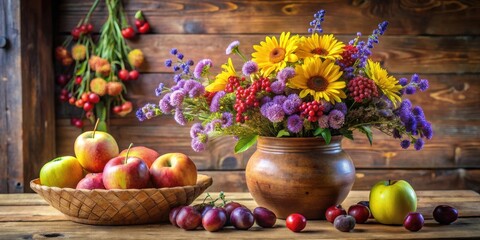 Autumnal still life with a rustic vase filled with sunflowers, purple wildflowers, and red berries, accompanied by a basket of apples and scattered plums on a wooden surface.