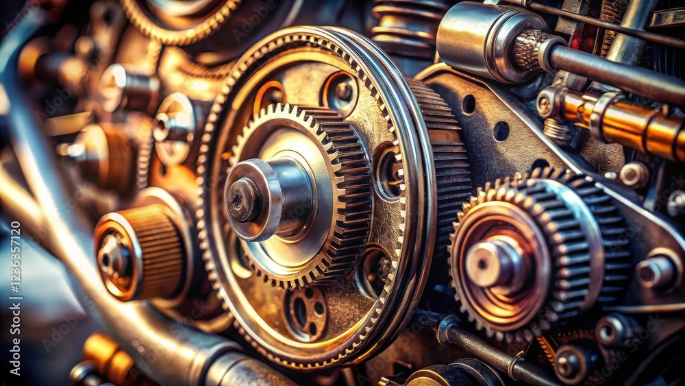 Poster A close-up of a complex system of gears, showcasing intricate metalwork and the intricate mechanics of precision engineering