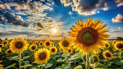 Fototapeta premium A Field of Sunflowers Bathed in the Golden Light of a Setting Sun