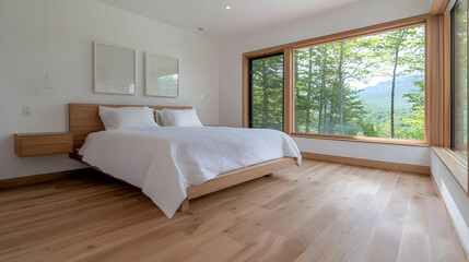 Fototapeta premium Minimalist wooden platform bed with white linens in a modern bedroom featuring large windows overlooking a lush green forest.