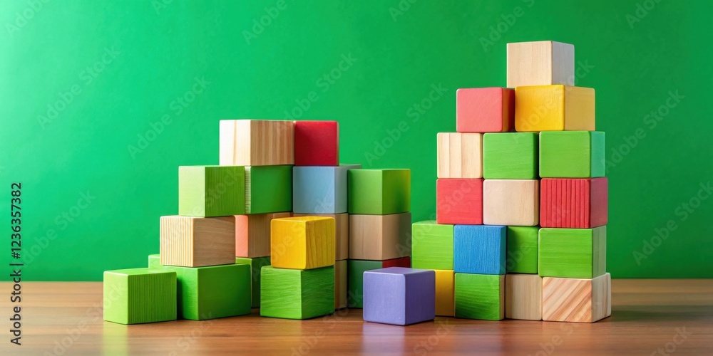 Poster Colorful Wooden Blocks Stacked in Ascending Order on a Wooden Table Top in Front of a Green Background