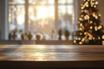 Cozy interior with wooden table and glowing holiday tree lights at sunset through window creating warm festive atmosphere
