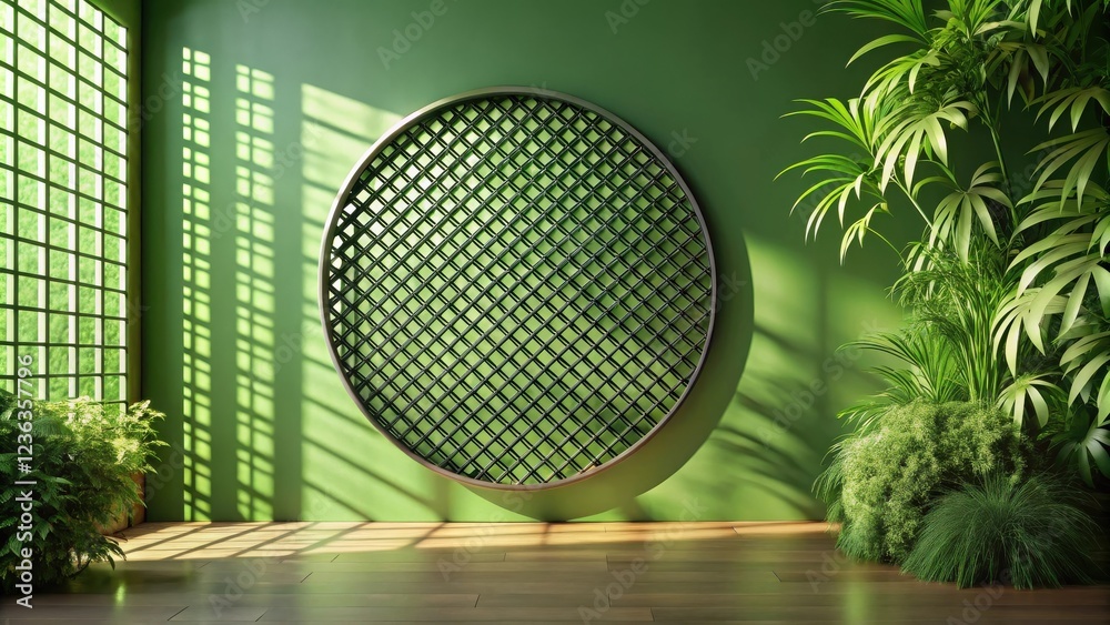 Aufkleber a serene minimalist room featuring a large round window with a lattice design, surrounded by lush gr