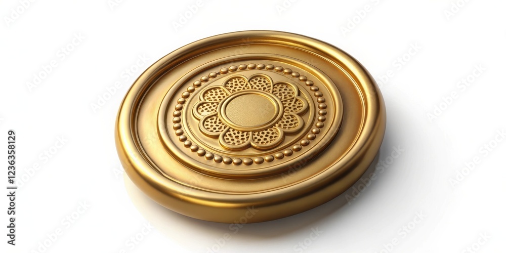 Poster A Shiny Golden Circle with a Flower Design and Rounded Edges, Isolated on a White Background
