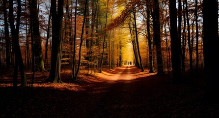 "Golden Autumn Forest with a Leaf-Covered Path | Warm Sunlight & Fall Foliage"