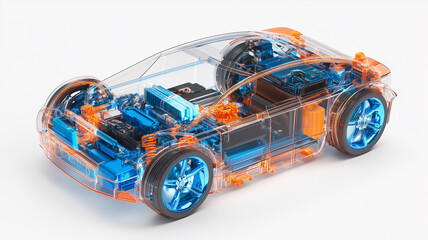 部分透明な電気自動車の3Dモデルと内部回路
