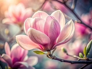 Fototapeta premium Delicate pastel pink magnolia, urban bloom. Close-up captures its ethereal beauty.
