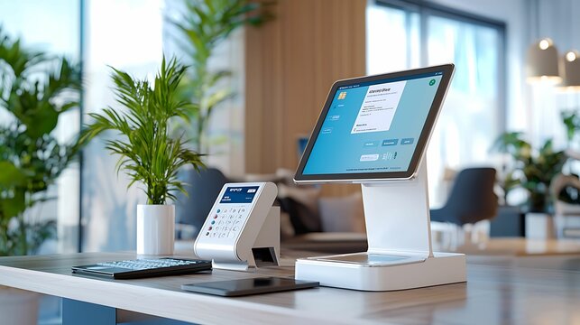 mockup prototype preview. A modern point-of-sale system on a sleek desk with greenery in a bright, open workspace, promoting efficiency and technology in retail environments.