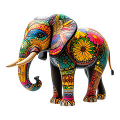 Decorative elephant figurine featuring vibrant, intricate, multi-colored floral and mandala patterns is displayed as unique artwork.