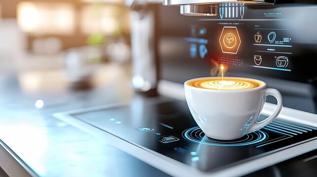 mockup prototype preview. A modern coffee machine brews a steaming cup of coffee, featuring a sleek design with digital display and interactive elements.