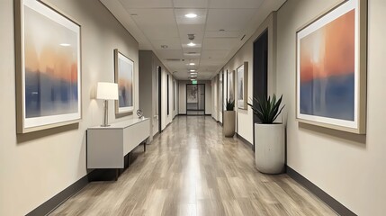 A hallway with a white wall and a blue and orange painting