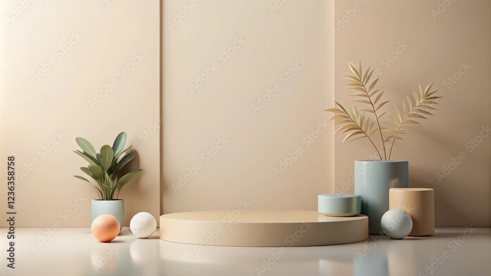 Aufkleber Minimalist Still Life with Geometric Shapes and Greenery on a Neutral Background