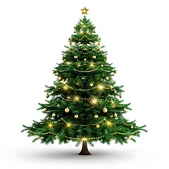 Fototapeta premium Lush Green Christmas Tree Decorated with Golden Ornaments and Lights