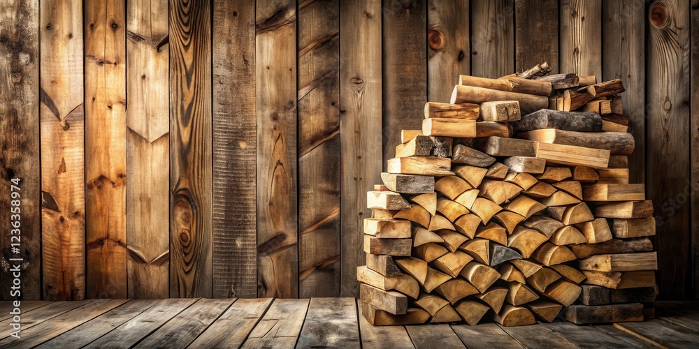 Poster A rustic wooden wall with a stacked pile of firewood in the foreground, creating a warm and inviting atmosphere.