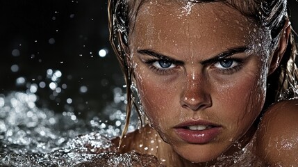 Obraz premium Woman, wet, intense gaze, water splash, dark background, beauty ad