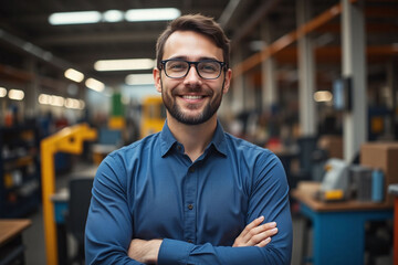 smiling man with beard wearing blue shirt in workshop setting