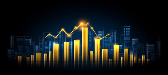 Financial Data Visualization with Glowing Column Chart and Rising Line Graph Over Blue Cityscape
