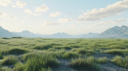 Obraz premium Expansive green meadow under a tranquil sky with distant mountain views