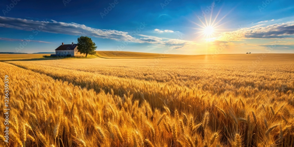 Poster golden wheat field basking in the warm glow of a setting sun with a small house and a single tree in