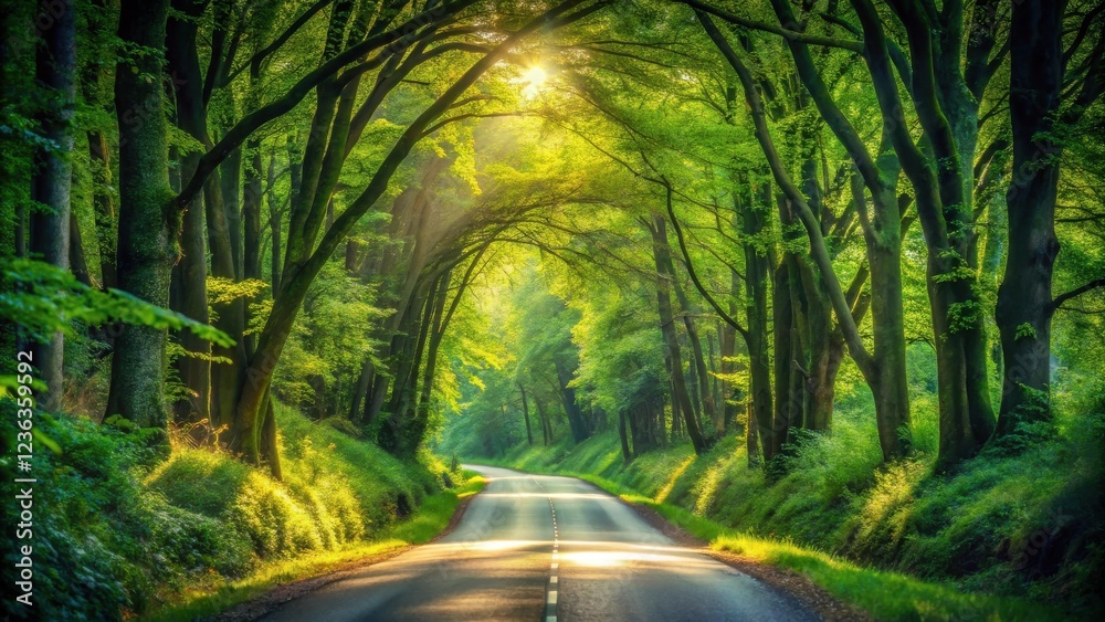 Poster a winding road through a dense forest with sunlight streaming through the canopy, creating a magical