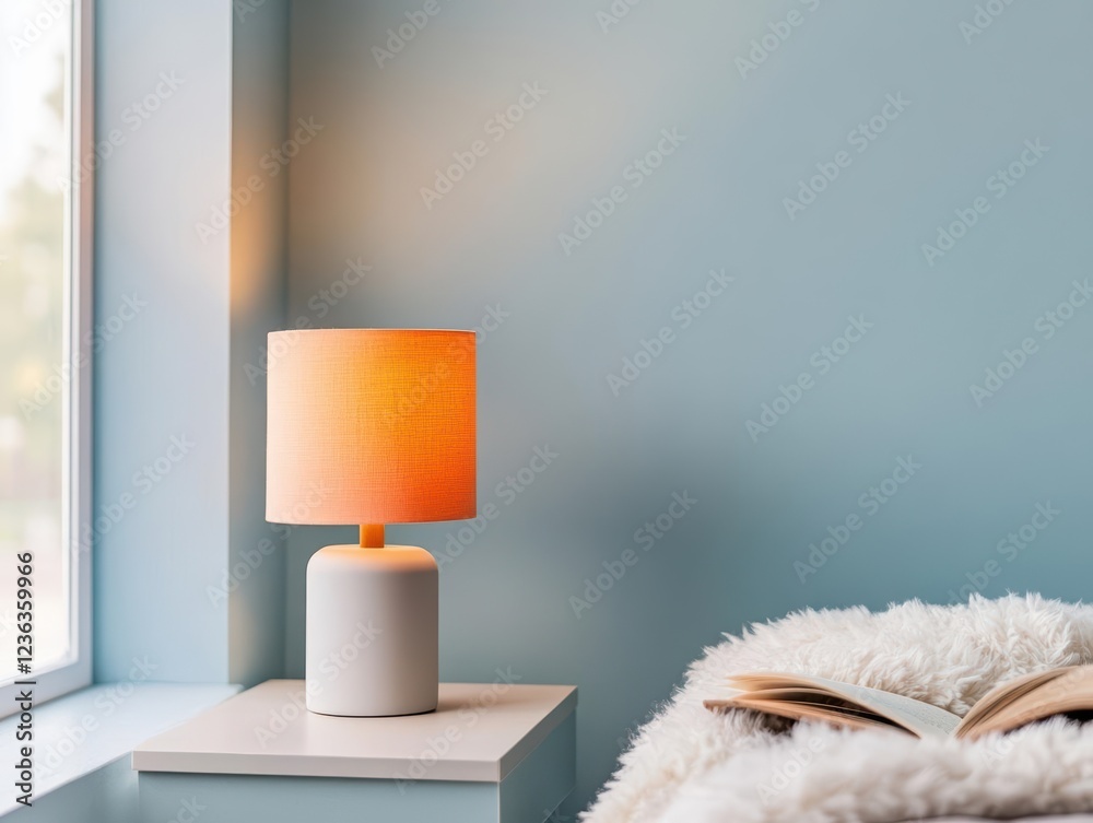 Aufkleber elegant white lamp illuminating cozy nightstand in soft ambient light creating a tranquil and inviti